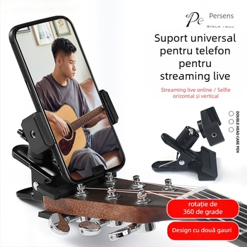Suport pentru telefon pentru chitară și ukulele — prindere verticală, rotativă, universal pentru instrumente muzicale
