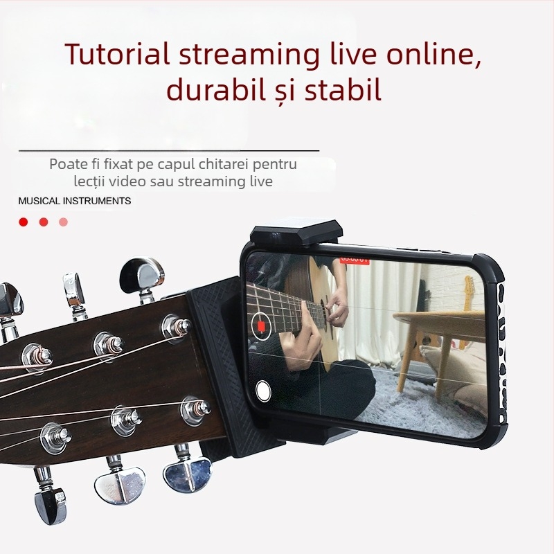 Suport pentru telefon pentru chitară și ukulele — prindere verticală, rotativă, universal pentru instrumente muzicale