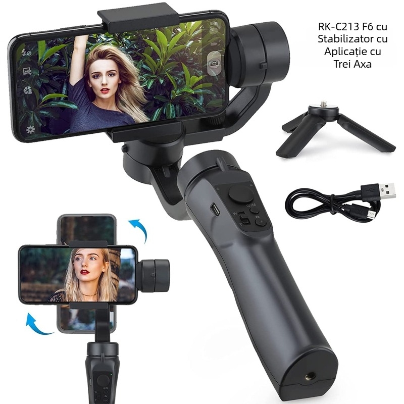 F6 gimbal pentru telefon cu 3 axe, control prin aplicație, Bluetooth, telecomandă inclusă, model RK-C213