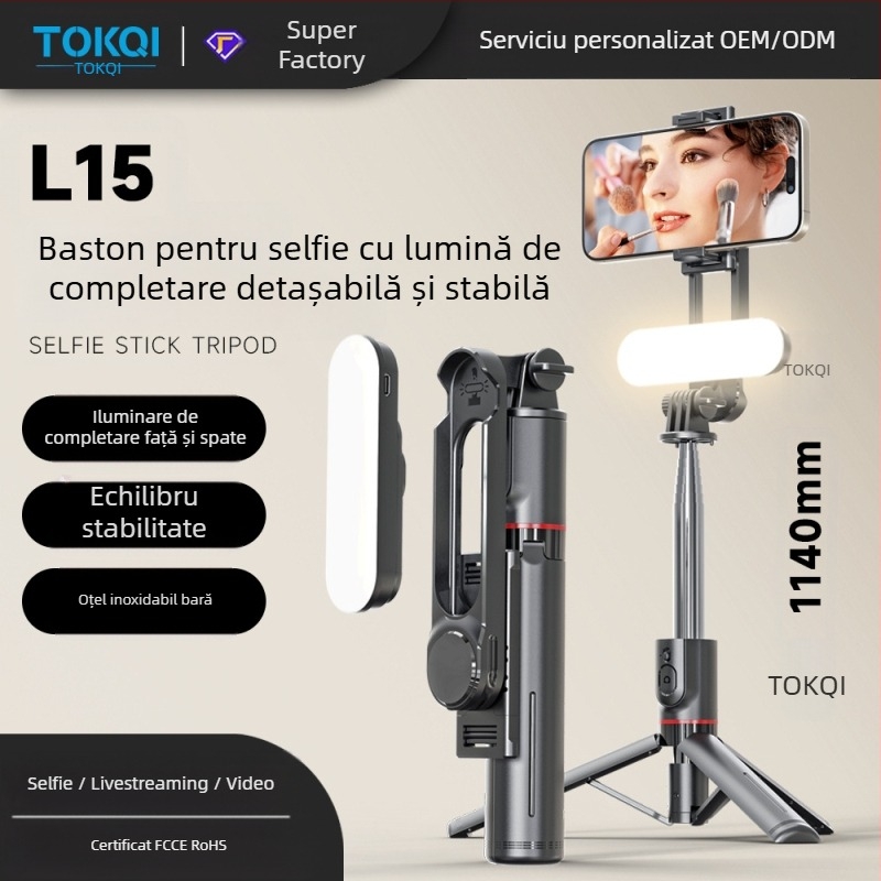 L15 Trepied pentru selfie cu lumină de înfrumusețare detașabilă, din oțel inoxidabil, extensibil, telecomandă Bluetooth pentru telefoane mobile