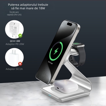 Încărcător wireless de mașină 3 în 1 cu încărcare magnetică și lumină marquee moale, ieșire wireless 3–15W, putere totală până la 22W