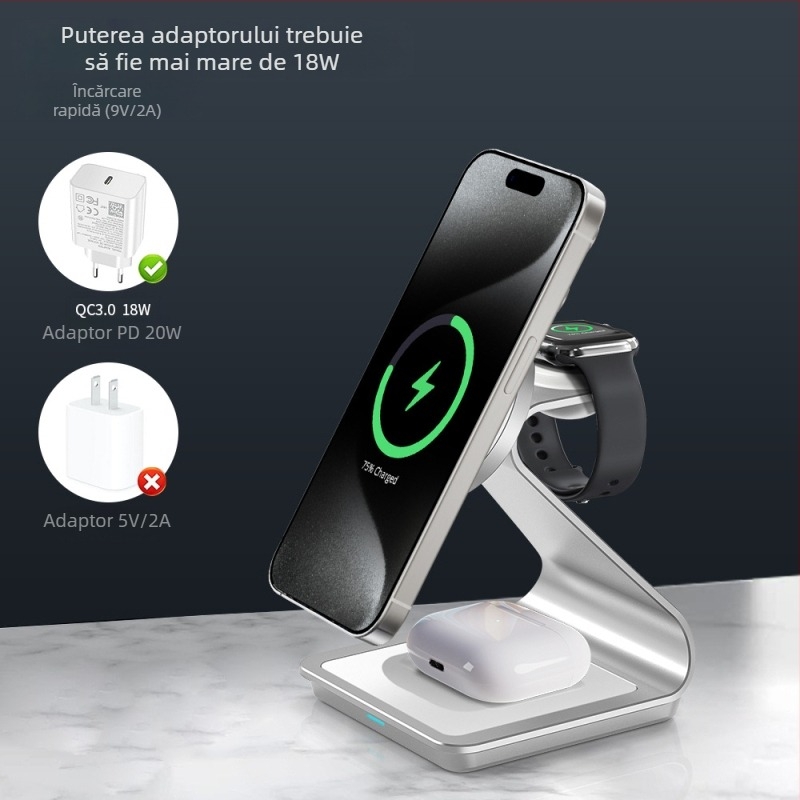 Încărcător wireless de mașină 3 în 1 cu încărcare magnetică și lumină marquee moale, ieșire wireless 3–15W, putere totală până la 22W