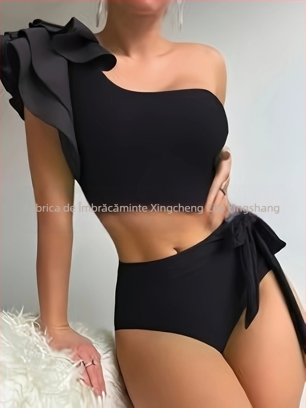 Costum de baie două piese, bretele diagonale pe umeri, talie înaltă, vârf căptușit, material nylon, căptușeală poliester