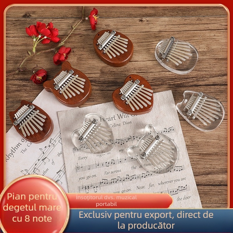 Kalimba din lemn, 8 tonuri, 10 găuri, corp: Redwood, capac ABS, finisaj lac auriu