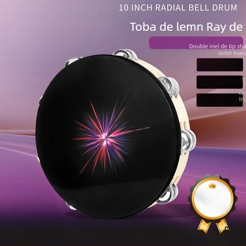 DT-73 Tamburin din lemn cu două rânduri de clopoței, tamburin de mână pentru copii, ambalaj OPP, etichetă privată licențiată
