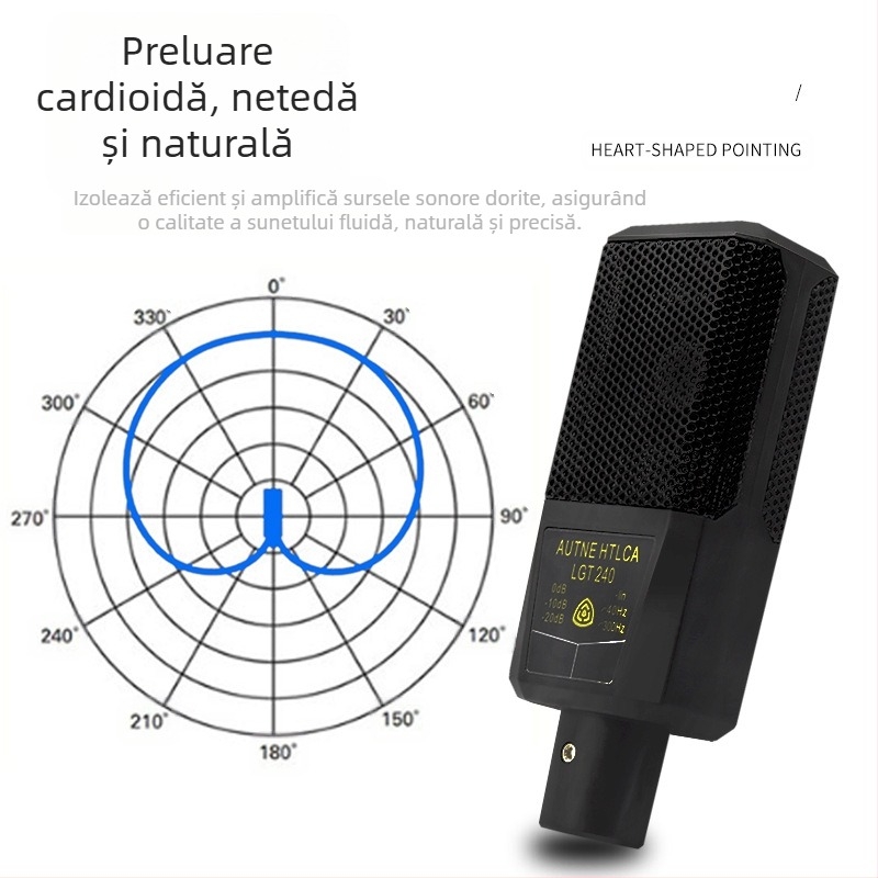 Microfon condensator cu diafragmă mare pentru streaming live, cu interfață audio externă; cardioid; răspuns în frecvențe 100 Hz–20 kHz; SNR ≥ 100 dB