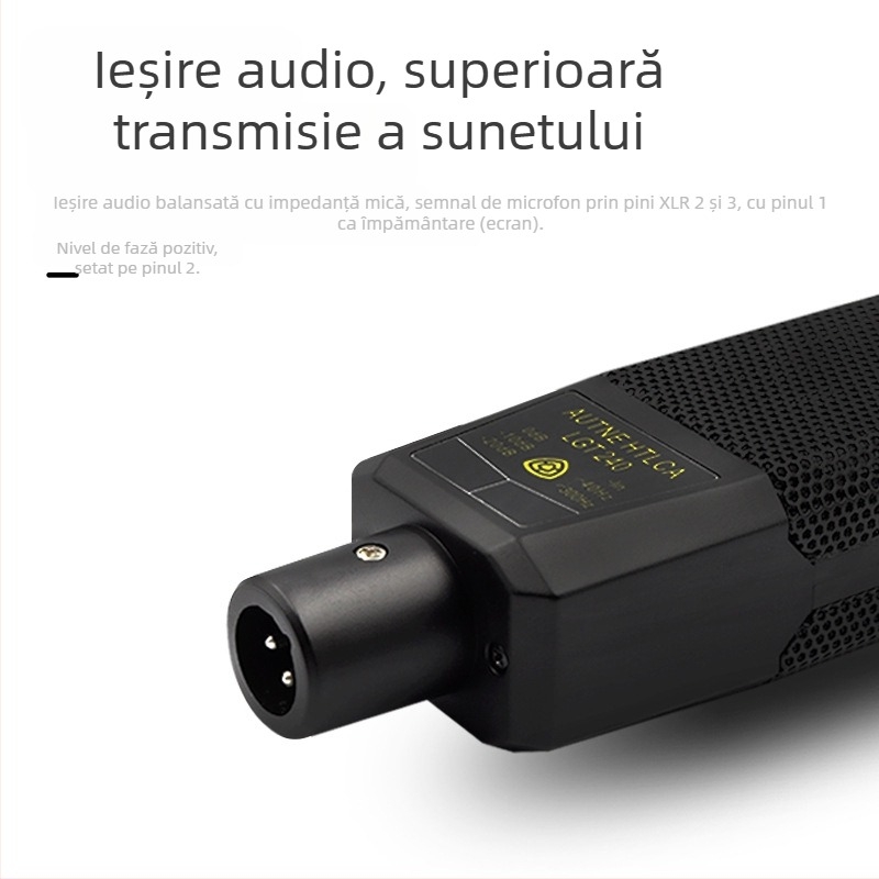 Microfon condensator cu diafragmă mare pentru streaming live, cu interfață audio externă; cardioid; răspuns în frecvențe 100 Hz–20 kHz; SNR ≥ 100 dB