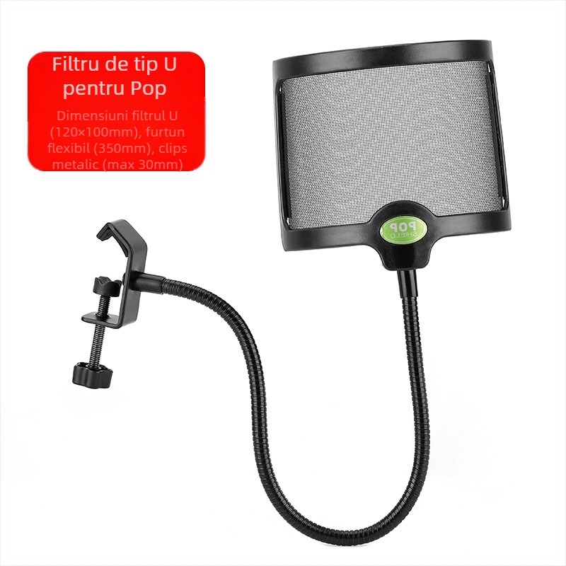 Filtru de microfon din plasă metalică, cu clemă universală, pentru cântat live și înregistrări — rezistent la vânt, protecție împotriva salivei, reducere profesională a zgomotului