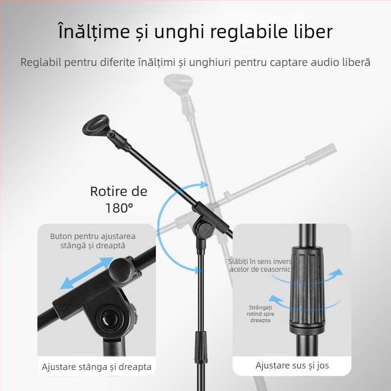 Suport de microfon pe podea, înălțime reglabilă, bază cu trei picioare, potrivit pentru spectacole pe scenă și înregistrări