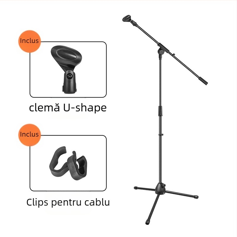 Suport de microfon pe podea, înălțime reglabilă, bază cu trei picioare, potrivit pentru spectacole pe scenă și înregistrări
