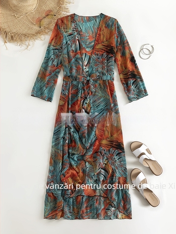 Costum de baie pentru femei cu imprimeu floral și rochie de plajă din tul, poliester, 100% poliester, 230 g/m², potrivit pentru înot.