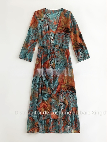 Costum de baie pentru femei cu imprimeu floral și rochie de plajă din tul, poliester, 100% poliester, 230 g/m², potrivit pentru înot.