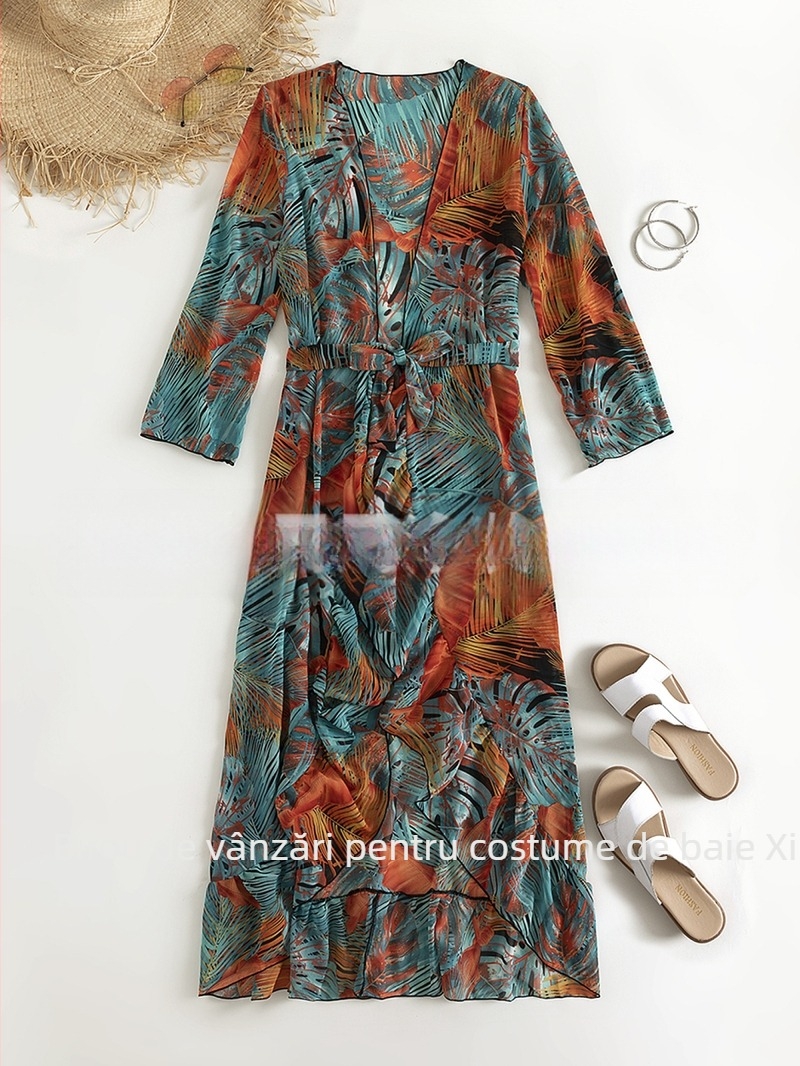 Costum de baie pentru femei cu imprimeu floral și rochie de plajă din tul, poliester, 100% poliester, 230 g/m², potrivit pentru înot.