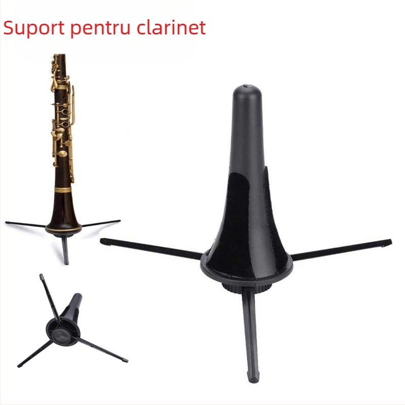 Suport tubular negru pentru instrumente de suflat, trepied pliabil din metal, construcție din plastic și metal