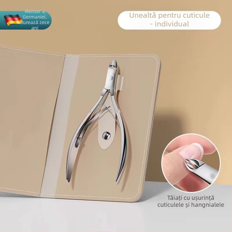 Set de unelte pentru manichiură din oțel inoxidabil: foarfece pentru cuticule, instrument de împingere, pilă de unghii din sticlă nano, forcipă pentru cuticule, foarfecă pentru unghii cu V adânc