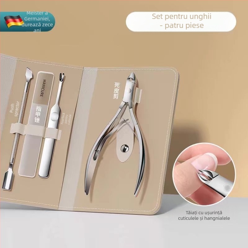 Set de unelte pentru manichiură din oțel inoxidabil: foarfece pentru cuticule, instrument de împingere, pilă de unghii din sticlă nano, forcipă pentru cuticule, foarfecă pentru unghii cu V adânc