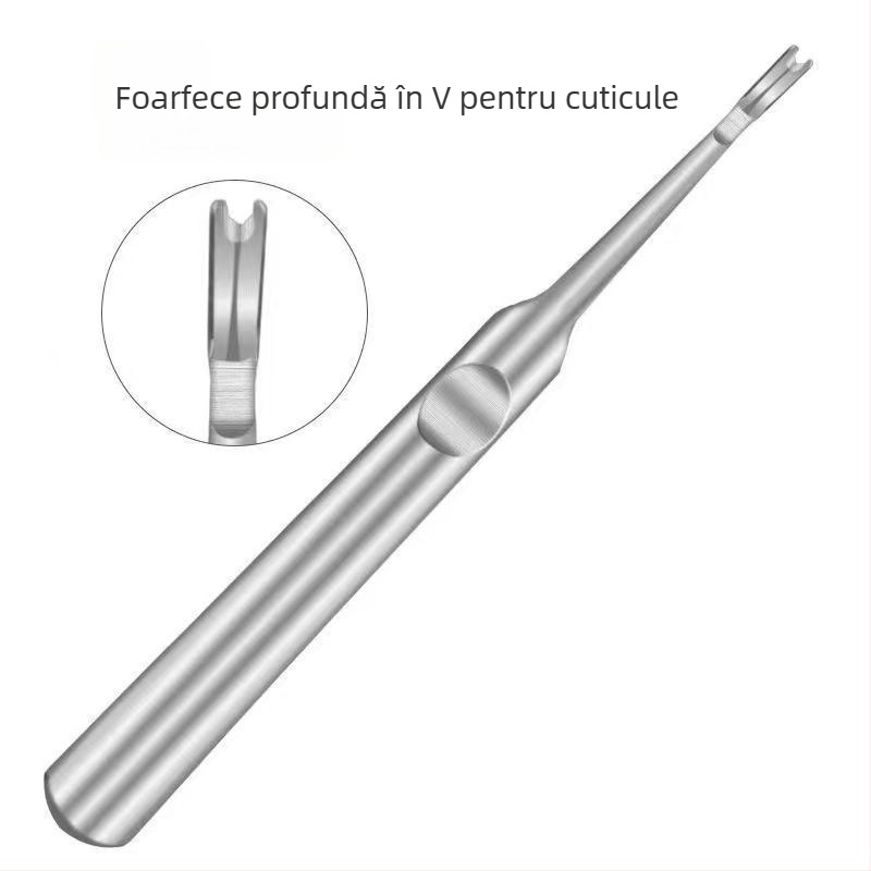 Set de unelte pentru manichiură din oțel inoxidabil: foarfece pentru cuticule, instrument de împingere, pilă de unghii din sticlă nano, forcipă pentru cuticule, foarfecă pentru unghii cu V adânc