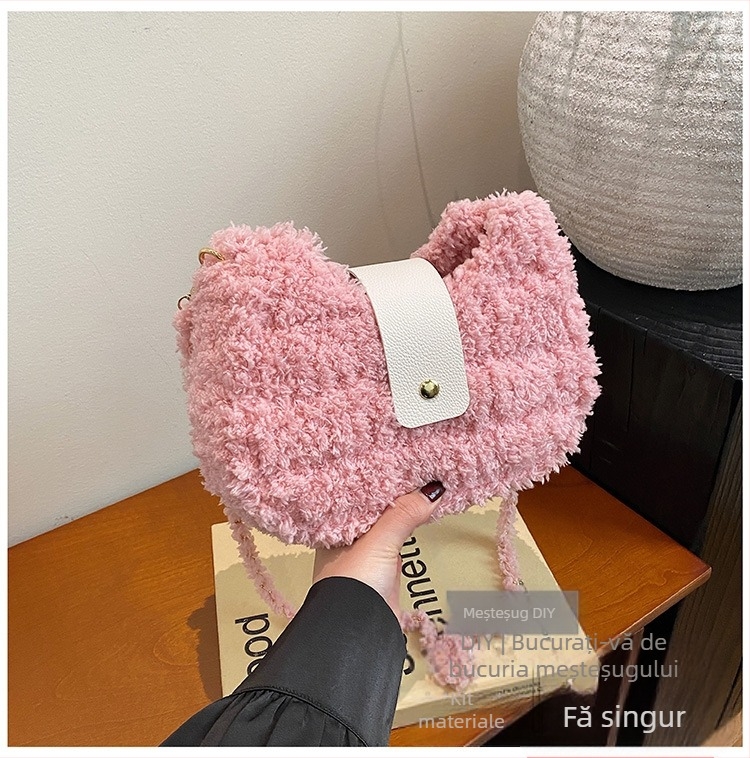 Geantă de subraț din pluș, în formă de inimă, cu închidere tip capac, buzunar pentru telefon, stil urban