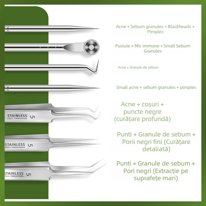 Set de ace pentru acnee — oțel inoxidabil cu electroplacare, unelte de frumusețe, durată lungă de viață, varietate de ace pentru acnee