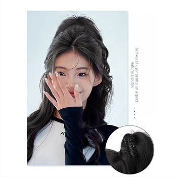 Perucă cu coadă, fibre rezistente la căldură, lungime medie‑lungă, stil natural de tip curs de cascadă cu bucle, model coadă cascadă, nu poate fi vopsită sau îndreptată