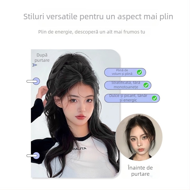 Perucă cu coadă, fibre rezistente la căldură, lungime medie‑lungă, stil natural de tip curs de cascadă cu bucle, model coadă cascadă, nu poate fi vopsită sau îndreptată