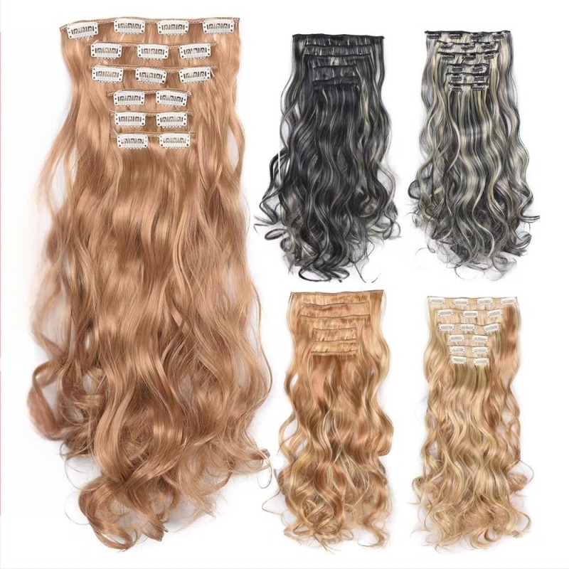 Extensii de păr cu clips, set de șase bucăți, 16 clips, păr lung și buclat, fără cusături, aproximativ 50 cm