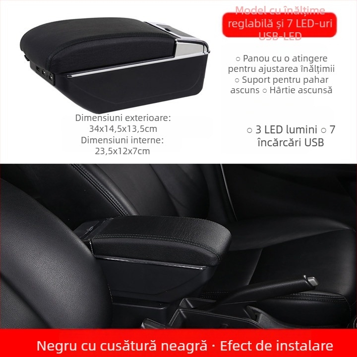 Cutie universală pentru suportul de cot auto – Centrală, Compartiment tip card, Lățime reglabilă, Plastic, 3.0 kg, Personalizare disponibilă