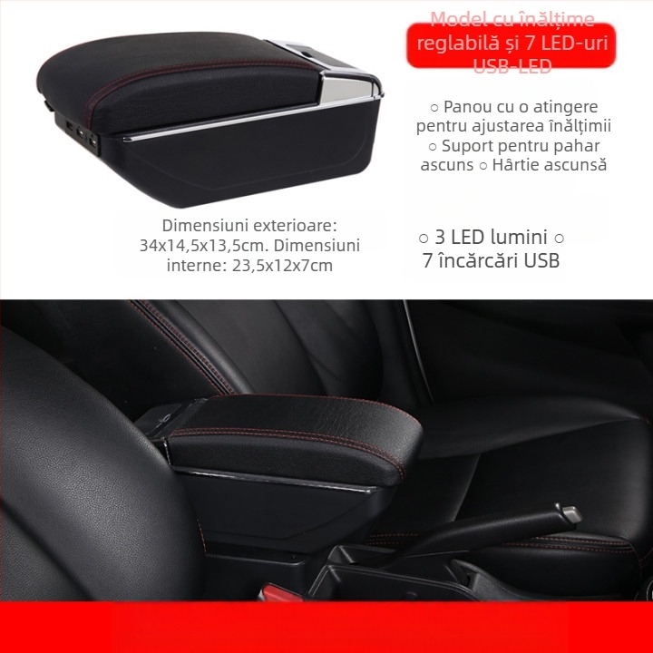 Cutie universală pentru suportul de cot auto – Centrală, Compartiment tip card, Lățime reglabilă, Plastic, 3.0 kg, Personalizare disponibilă