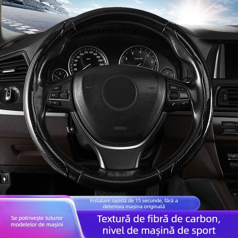 Capac volan auto cu model fibră de carbon, ultra-subțire, prindere din suede, potrivire universală pentru toate anotimpurile