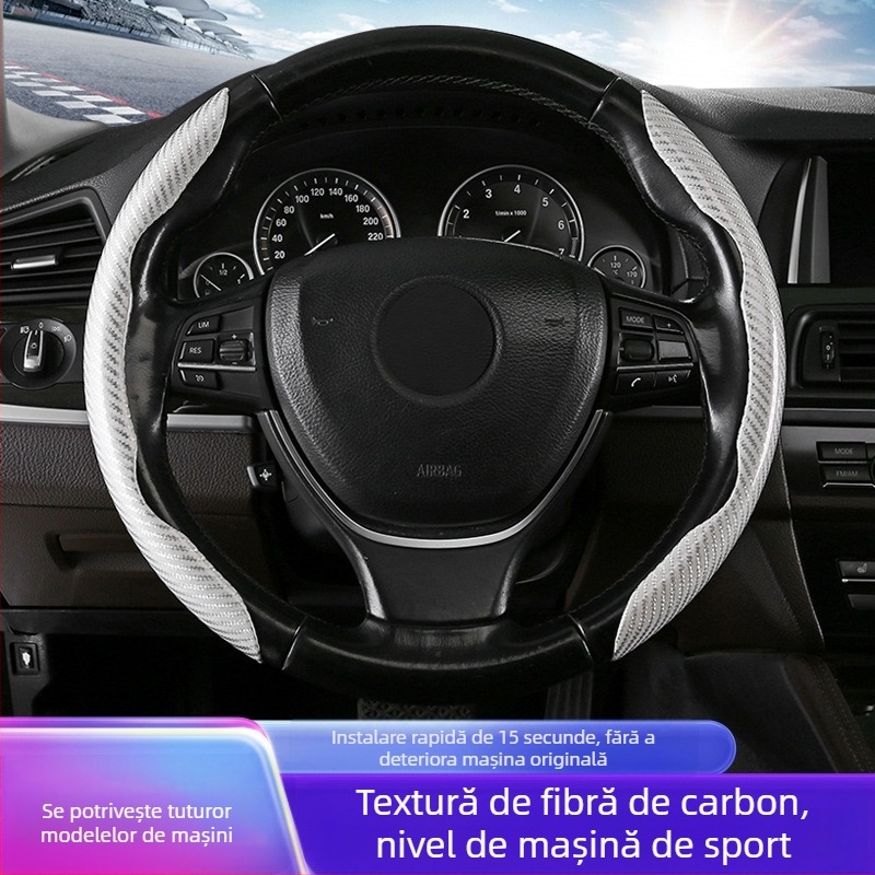 Capac volan auto cu model fibră de carbon, ultra-subțire, prindere din suede, potrivire universală pentru toate anotimpurile