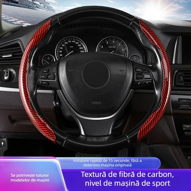 Capac volan auto cu model fibră de carbon, ultra-subțire, prindere din suede, potrivire universală pentru toate anotimpurile