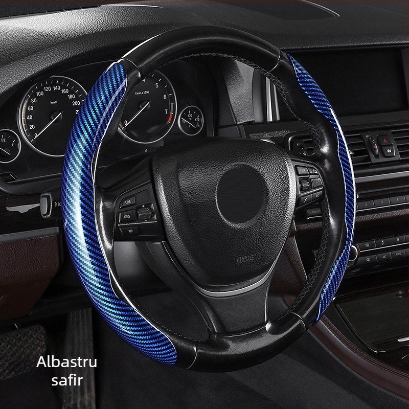 Capac volan auto cu model fibră de carbon, ultra-subțire, prindere din suede, potrivire universală pentru toate anotimpurile