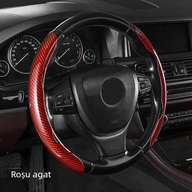 Capac volan auto cu model fibră de carbon, ultra-subțire, prindere din suede, potrivire universală pentru toate anotimpurile