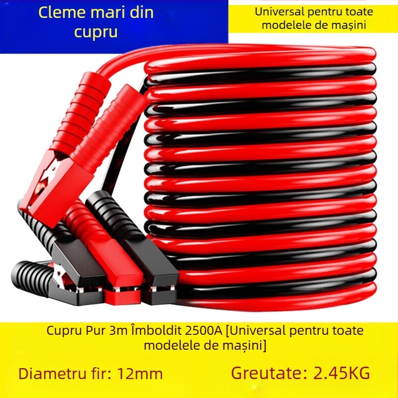 Cablu pornire baterie auto cu conductor din cupru și izolație PVC, lungime 2-5 m, universal