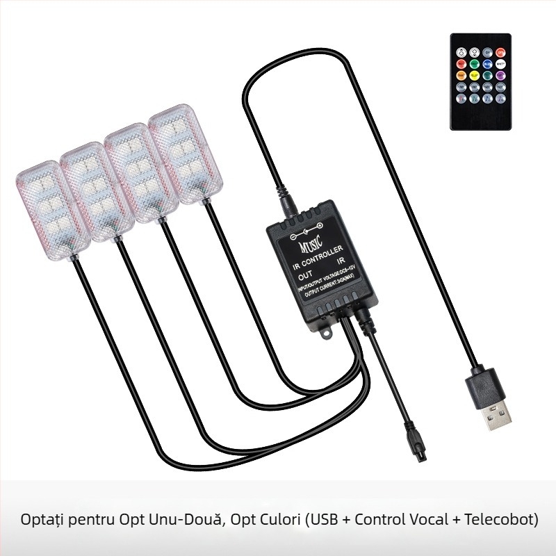 Lumină ambientală LED pentru interiorul mașinii, alimentare USB, 12V, 15W, model Square Foot Light, potrivire universală