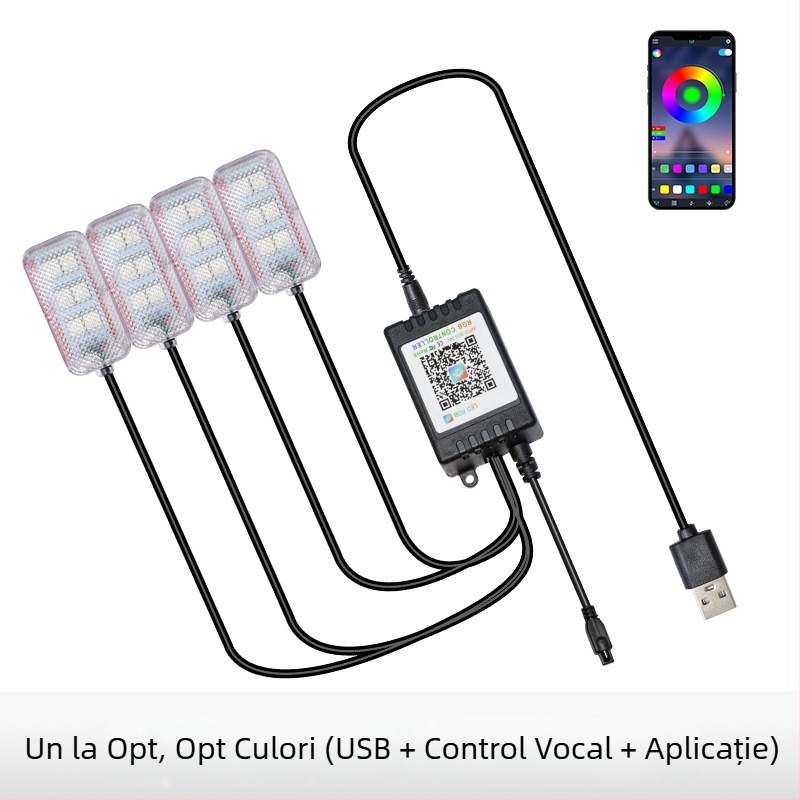 Lumină ambientală LED pentru interiorul mașinii, alimentare USB, 12V, 15W, model Square Foot Light, potrivire universală