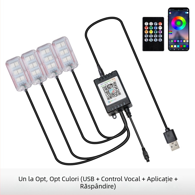 Lumină ambientală LED pentru interiorul mașinii, alimentare USB, 12V, 15W, model Square Foot Light, potrivire universală