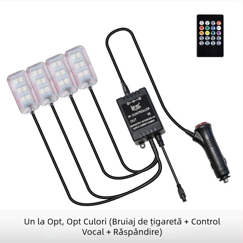 Lumină ambientală LED pentru interiorul mașinii, alimentare USB, 12V, 15W, model Square Foot Light, potrivire universală