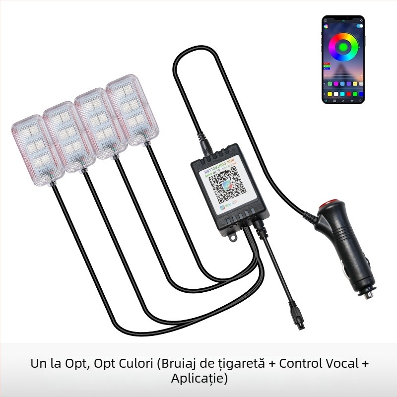 Lumină ambientală LED pentru interiorul mașinii, alimentare USB, 12V, 15W, model Square Foot Light, potrivire universală