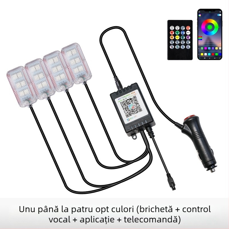 Lumină ambientală LED pentru interiorul mașinii, alimentare USB, 12V, 15W, model Square Foot Light, potrivire universală