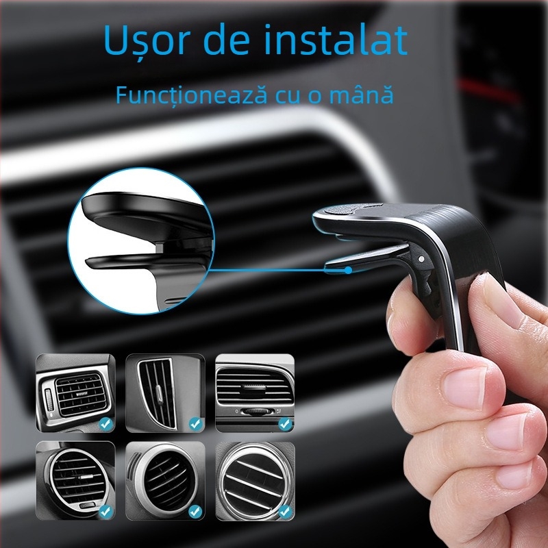 Suport magnetic pentru telefon auto pe conducta de aer – universal, montare Snap-on, clip pentru ventilație, Seria F19, magnet puternic