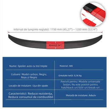 Spoiler spate universal pentru autoturism, adeziv, fără găuri, reglabil în trei trepte