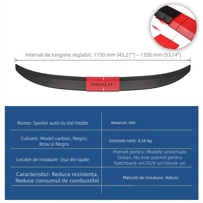Spoiler spate universal pentru autoturism, adeziv, fără găuri, reglabil în trei trepte