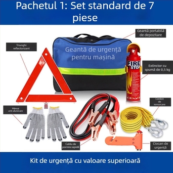 Kit de urgență auto cu stingător de incendiu, trusă de prim ajutor și echipamente de salvare – pachet de urgență personalizabil
