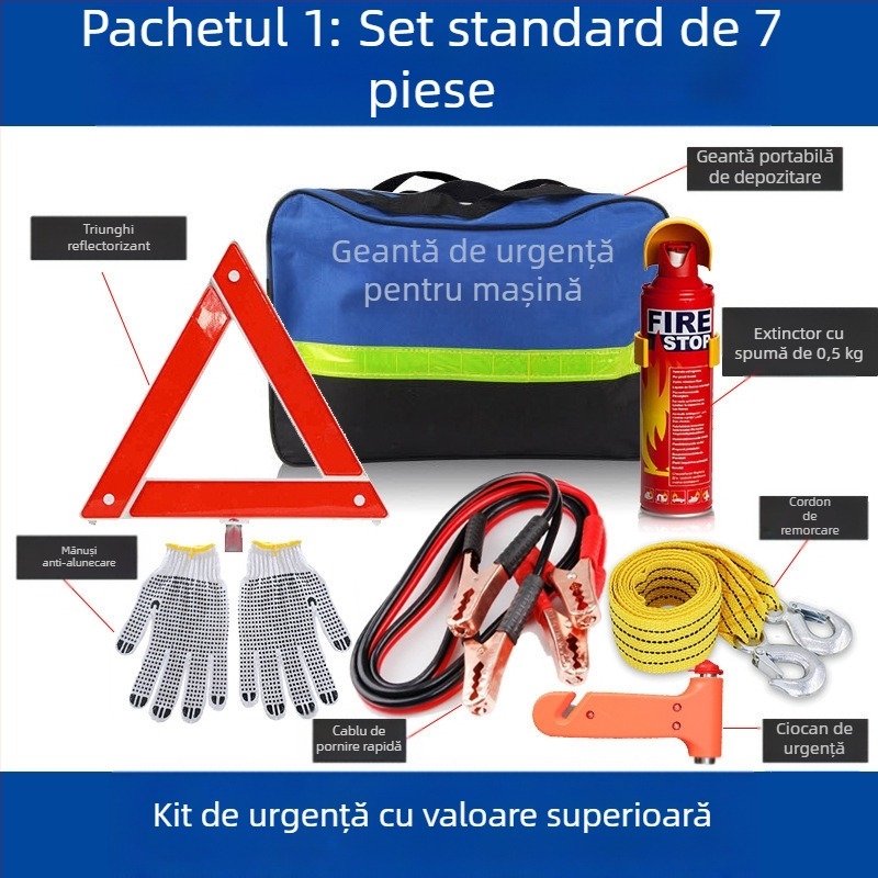 Kit de urgență auto cu stingător de incendiu, trusă de prim ajutor și echipamente de salvare – pachet de urgență personalizabil