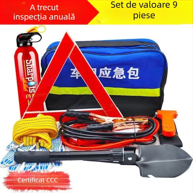 Kit de urgență auto cu stingător de incendiu, trusă de prim ajutor și echipamente de salvare – pachet de urgență personalizabil