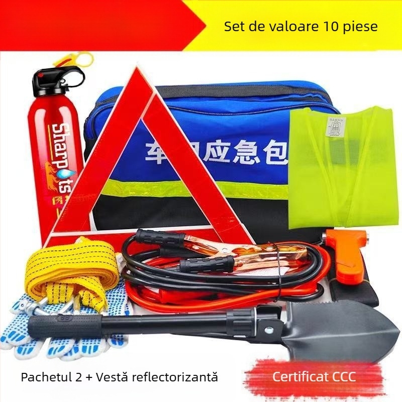 Kit de urgență auto cu stingător de incendiu, trusă de prim ajutor și echipamente de salvare – pachet de urgență personalizabil