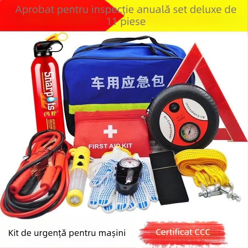 Kit de urgență auto cu stingător de incendiu, trusă de prim ajutor și echipamente de salvare – pachet de urgență personalizabil