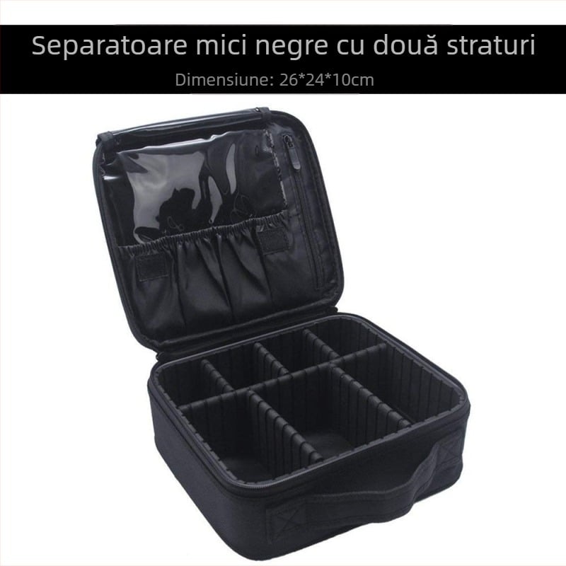 Geantă de makeup cu compartimente de depozitare, material Oxford, fermoar, culoare solidă, impermeabilă și rezistentă la șocuri, cu strat extensibil