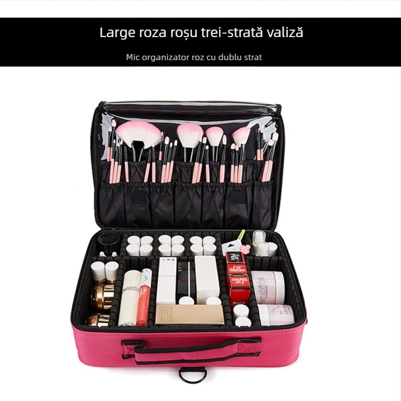 Geantă de makeup cu compartimente de depozitare, material Oxford, fermoar, culoare solidă, impermeabilă și rezistentă la șocuri, cu strat extensibil